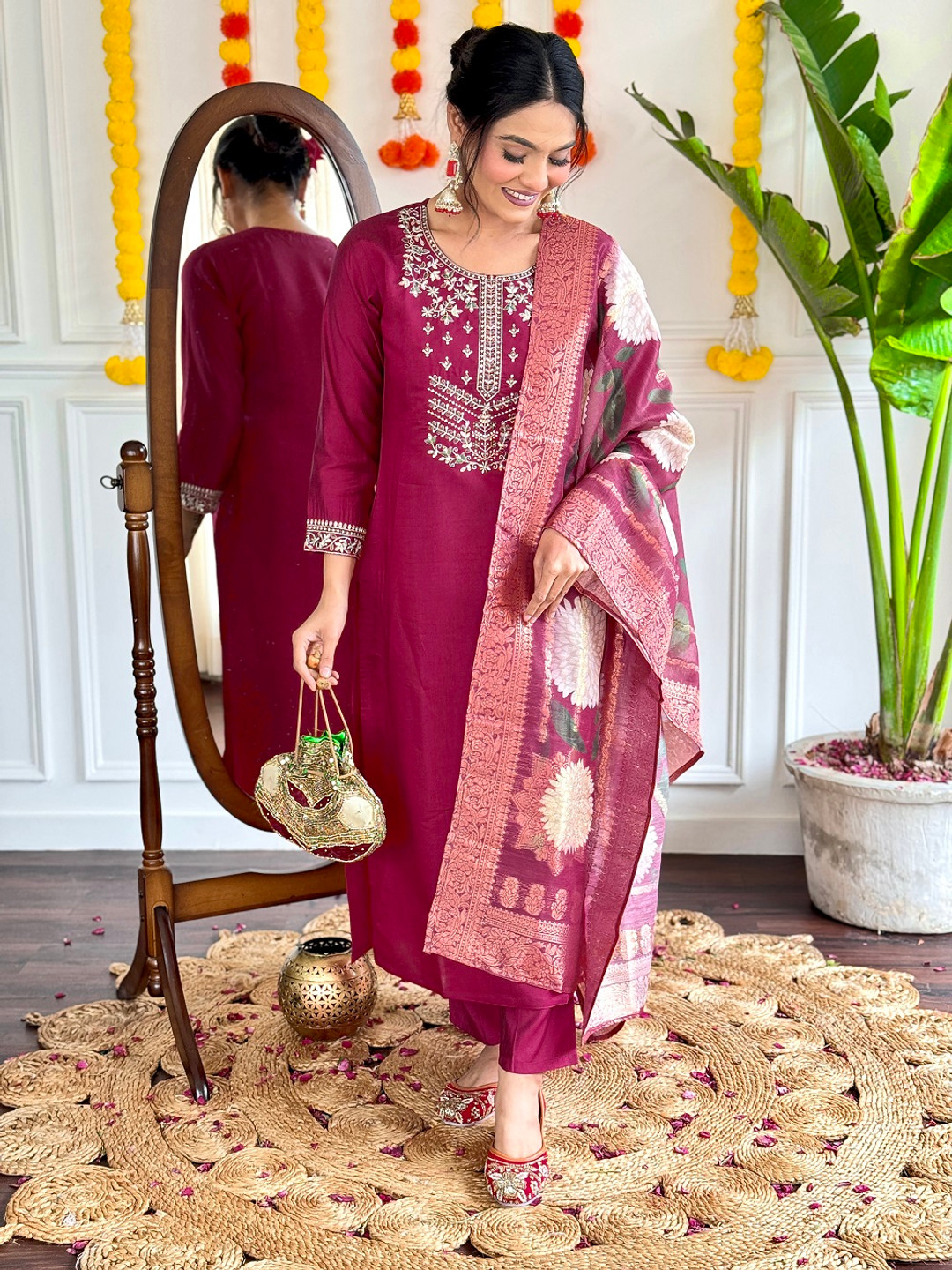 

Fashion Ritmo Floral Embroidered Thread Work Straight Kurta With Trouser And Dupatta, Maroon