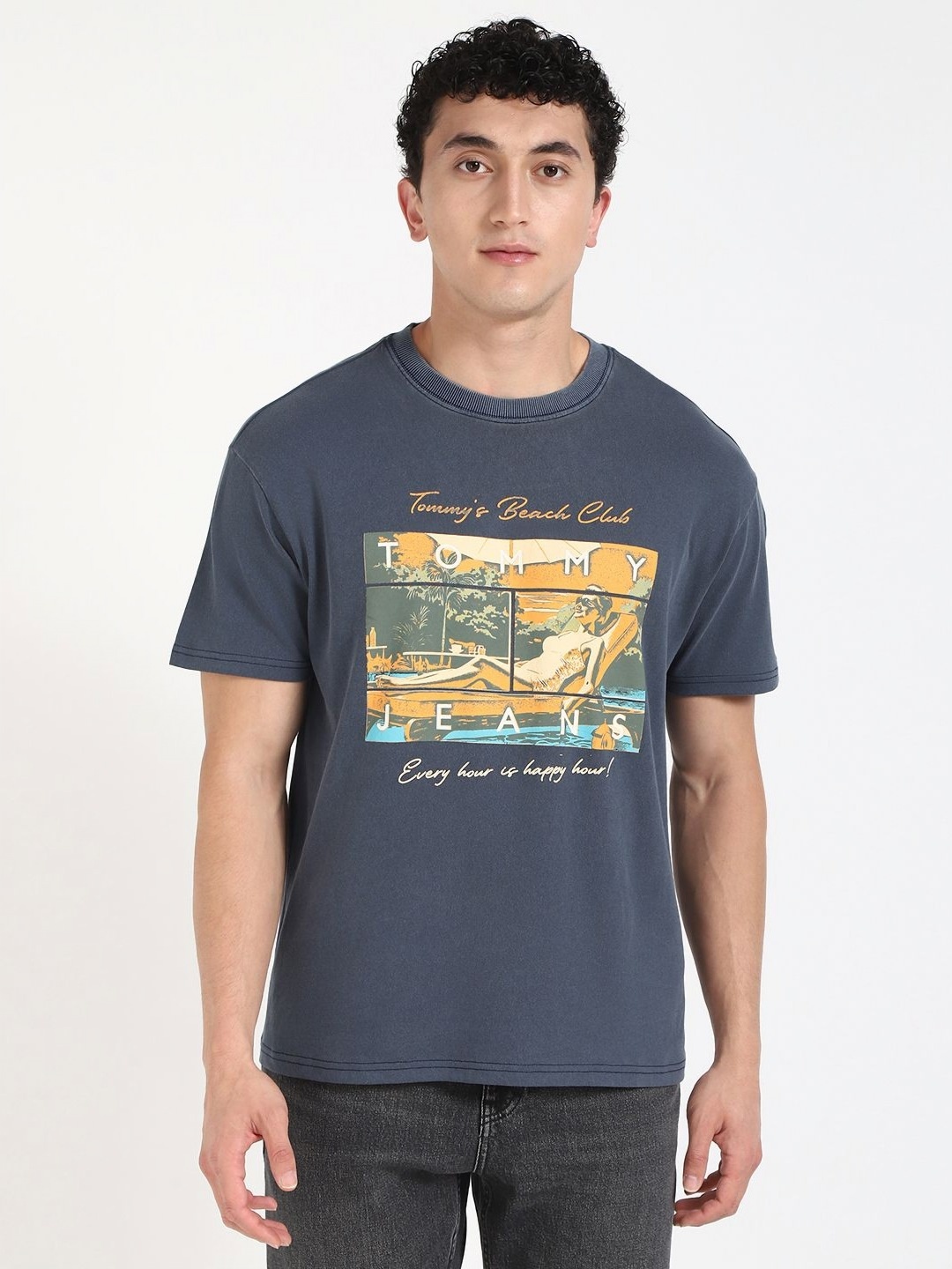

Tommy Hilfiger Men Graphic Printed Round Neck Cotton Relaxed Fit T-shirt, Grey