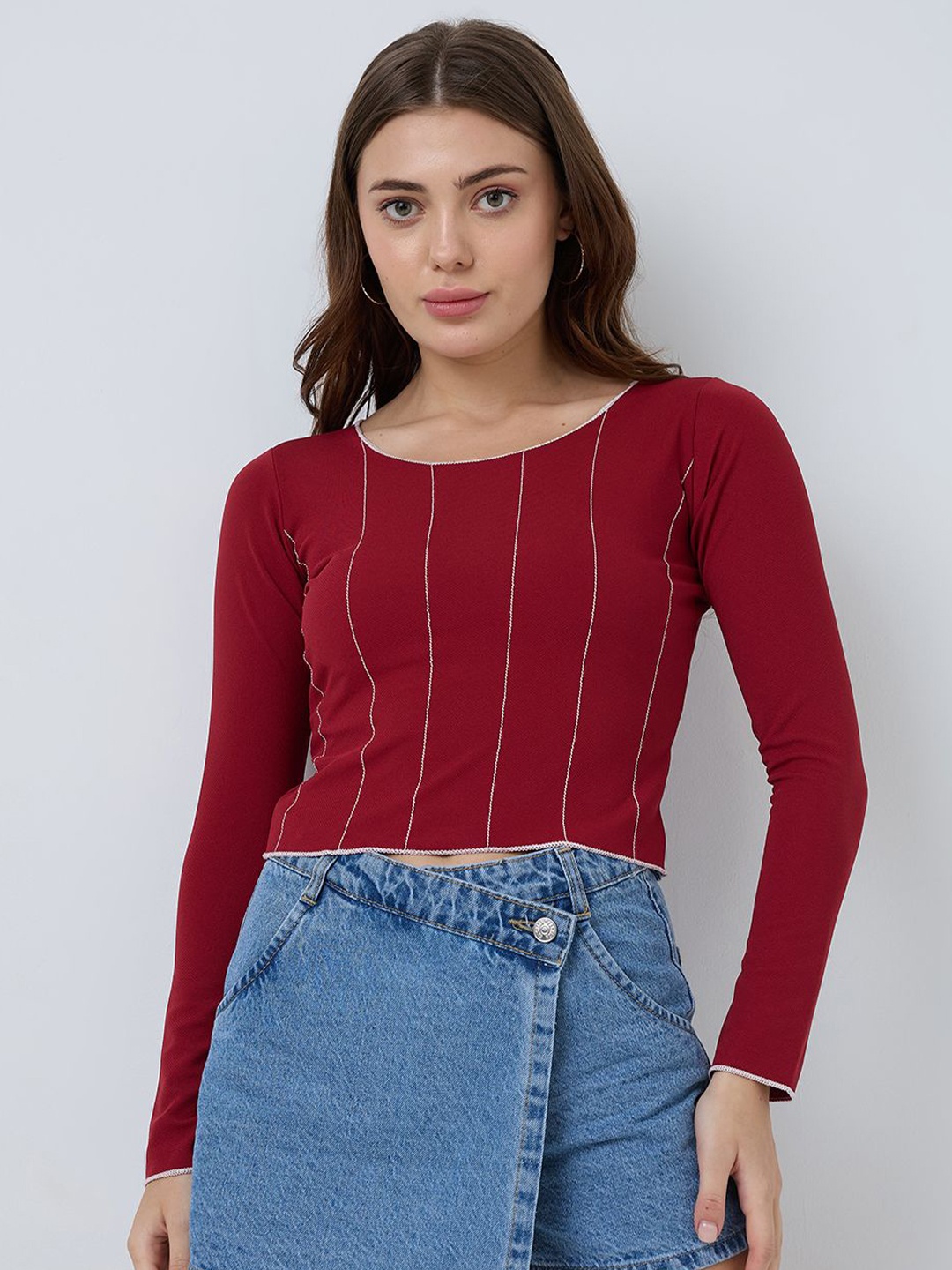 

SZN Women Vertical Stripes Striped Fitted Crop Top, Maroon