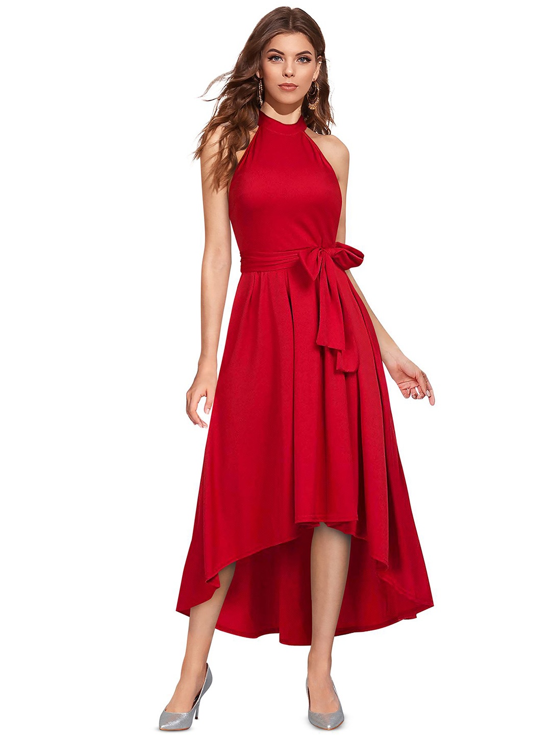 

S.K.C Women Halter Neck Sleeveless Fit & Flare Midi Dress, Red