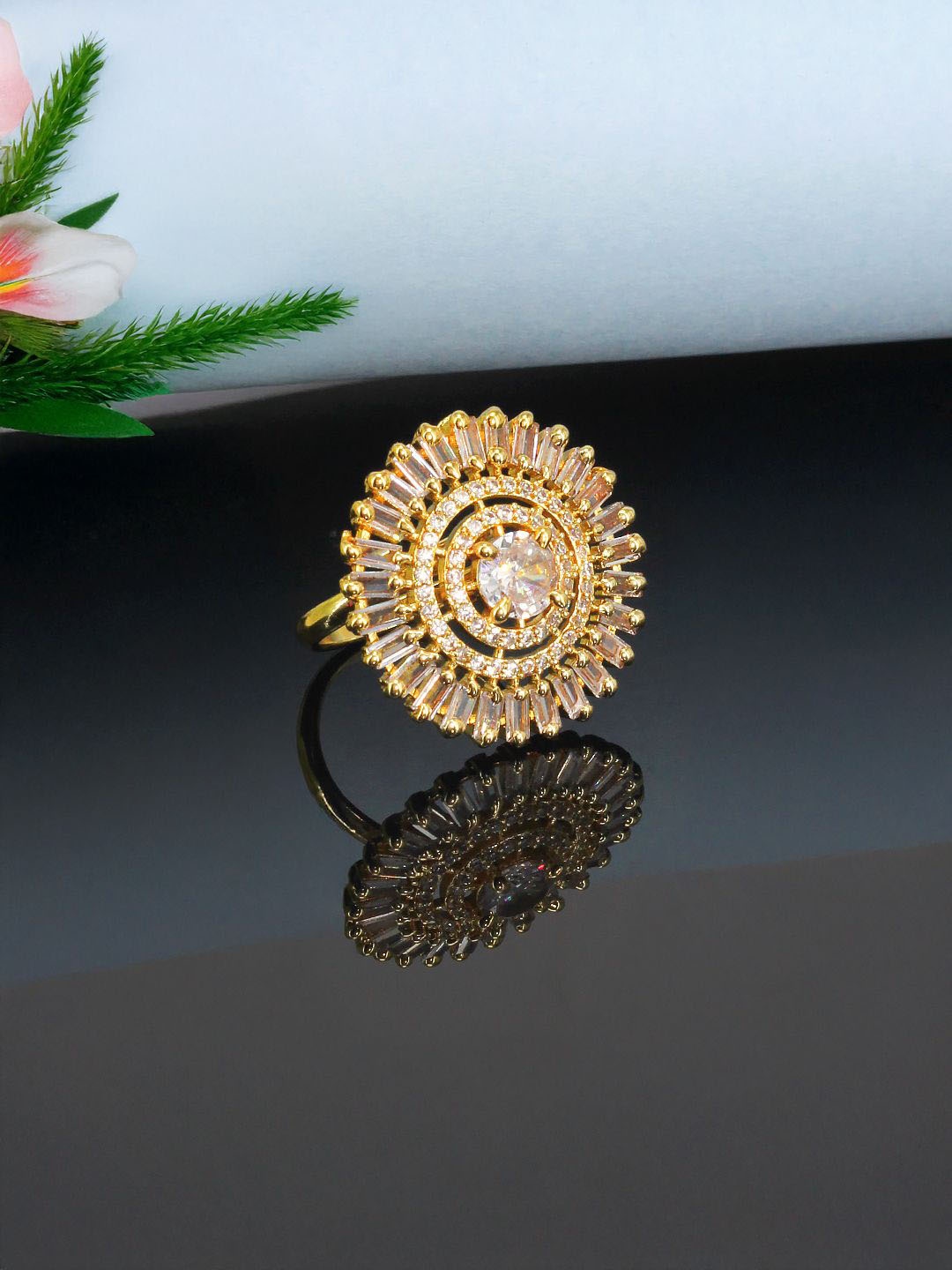 

PRIVIU Gold Plated American Diamond Studded Adjustable Finger Ring