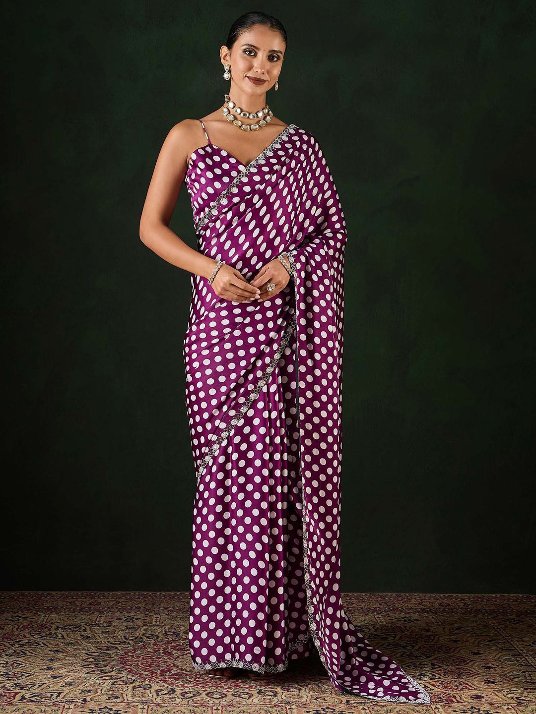 

Sangria Polka Dot Printed with Embellished Party Wear Saree With Unstitched Blouse, Magenta