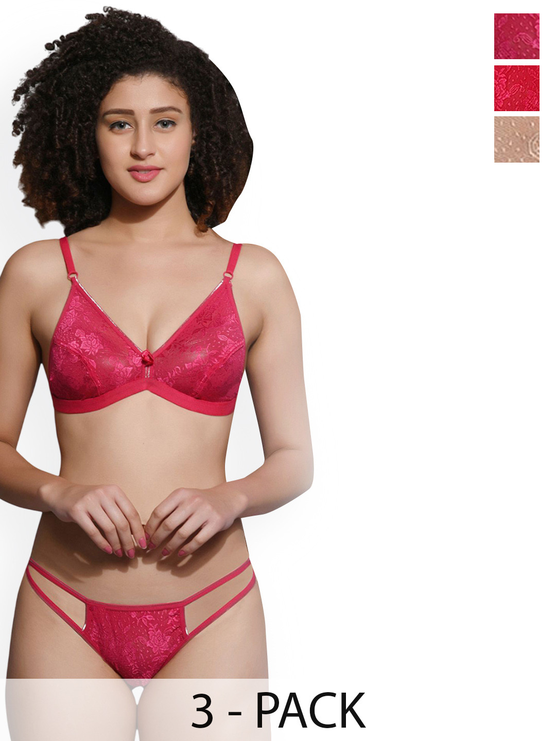

chia fashions Women Pack Of 3 Non Padded Lingerie Set, Red