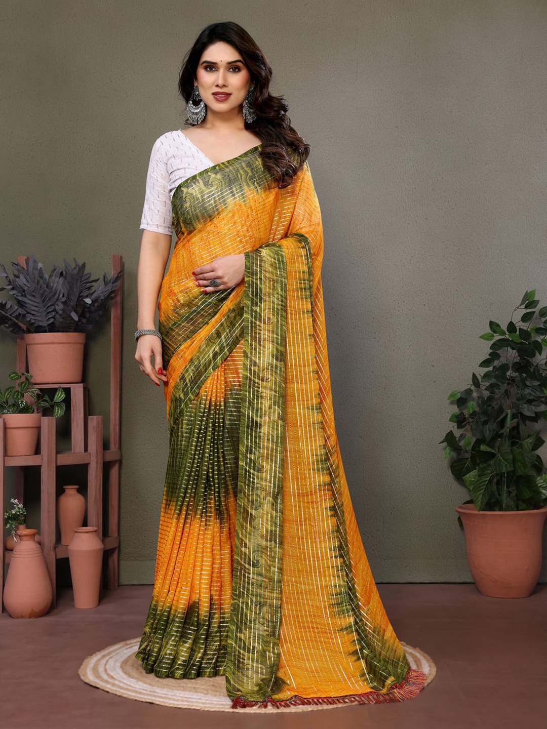 

DIVASTRI Striped Pure Georgette Block Print Saree, Orange