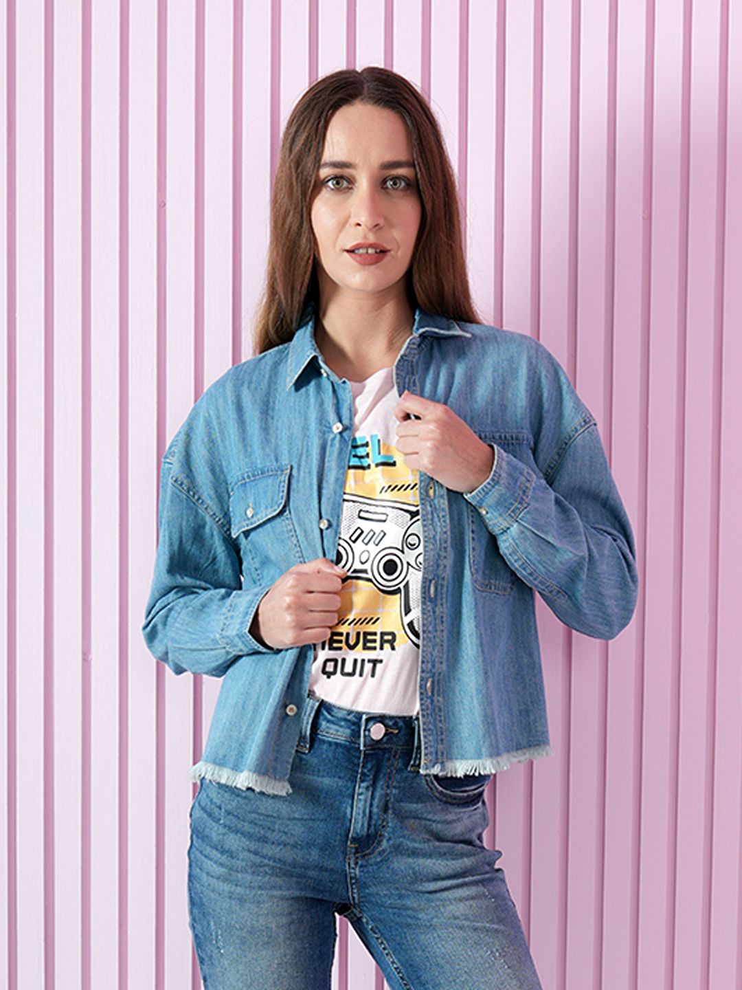 

ONLY Women Spread Collar Solid Cotton Casual Shirt, Blue