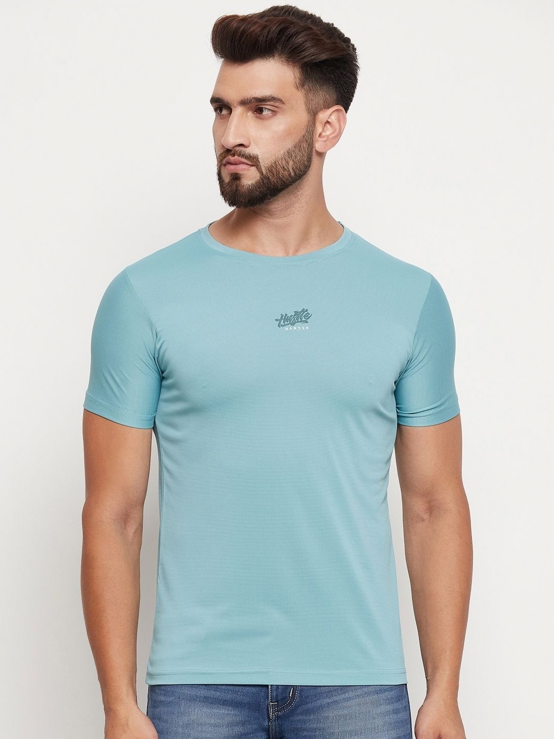 

MXN Men Solid Round Neck Cotton T-shirt, Turquoise blue