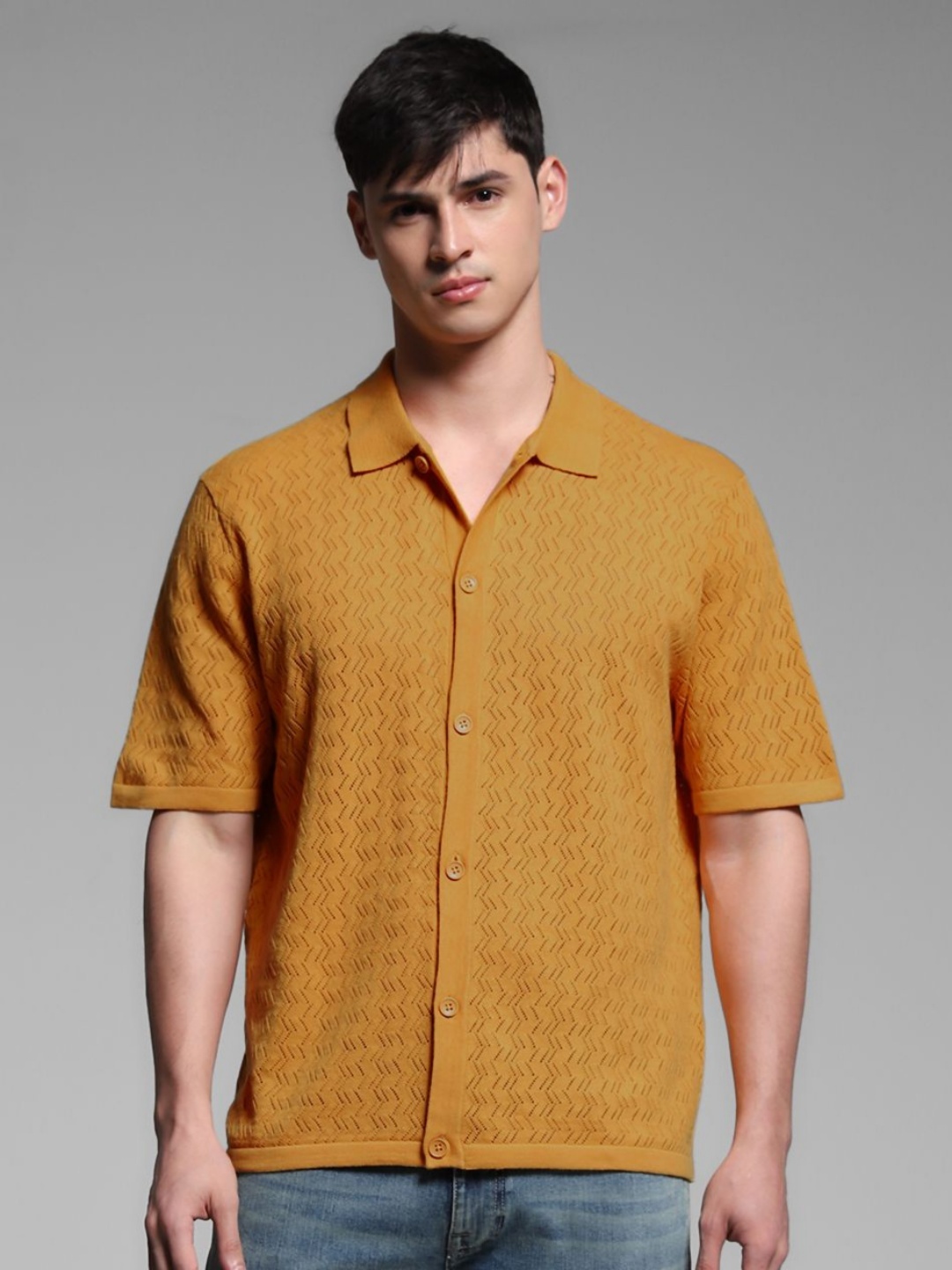 

Jack & Jones Men Spread Collar Self Design Cotton Shirt, Mustard