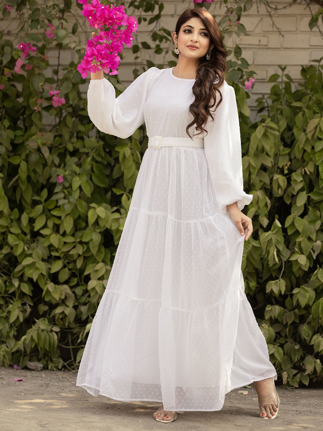 

SARINKU Georgette Tiered Fit & Flare Maxi Dress Comes with a belt, White