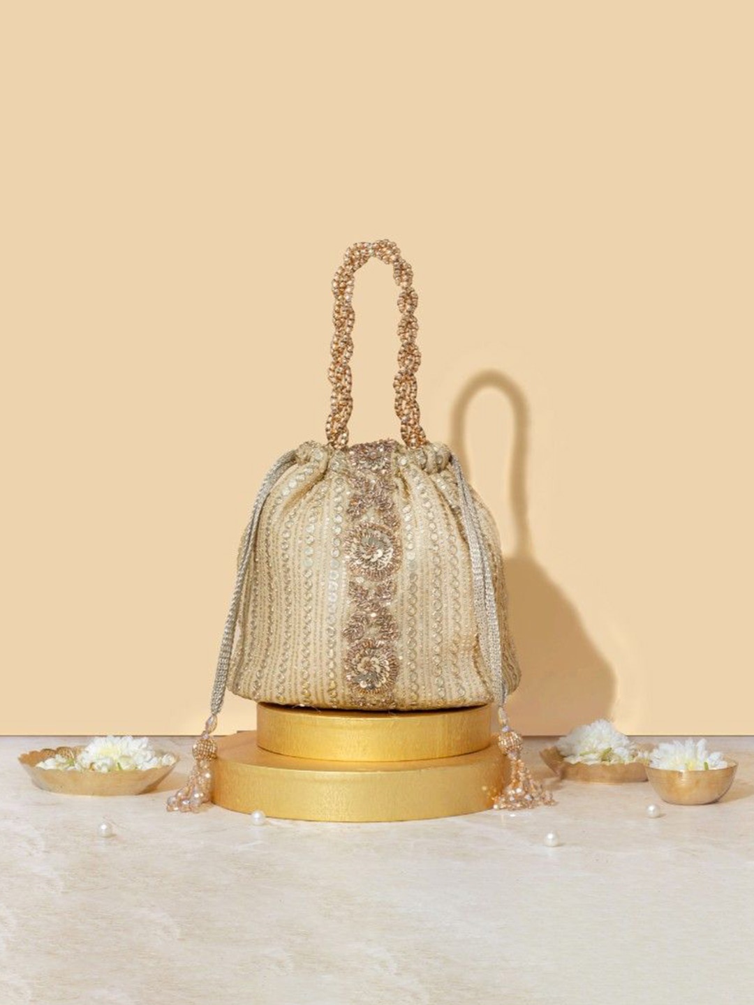 

AMYRA Women Yari Embroidered Bucket Potli Bag, Gold