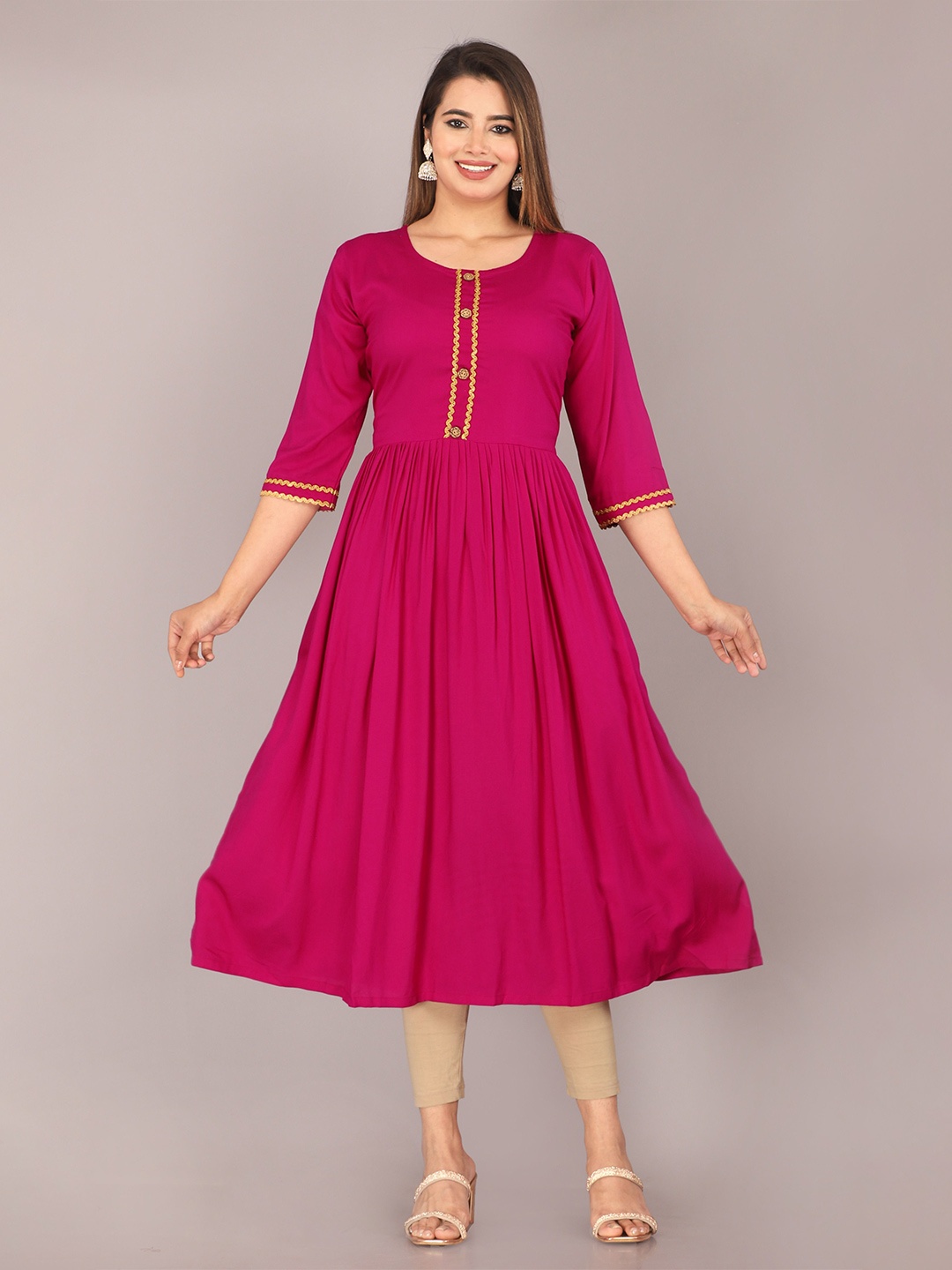 

Mahiras Comfort Round Neck Pleated A-Line Kurta, Purple