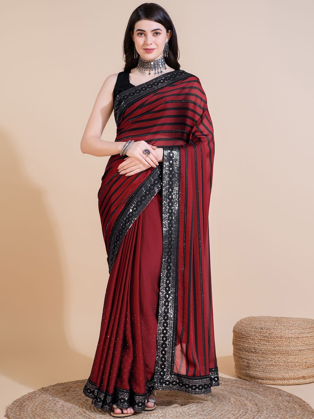 

LeeliPeeri Designer Women Striped Embellished Saree, Maroon