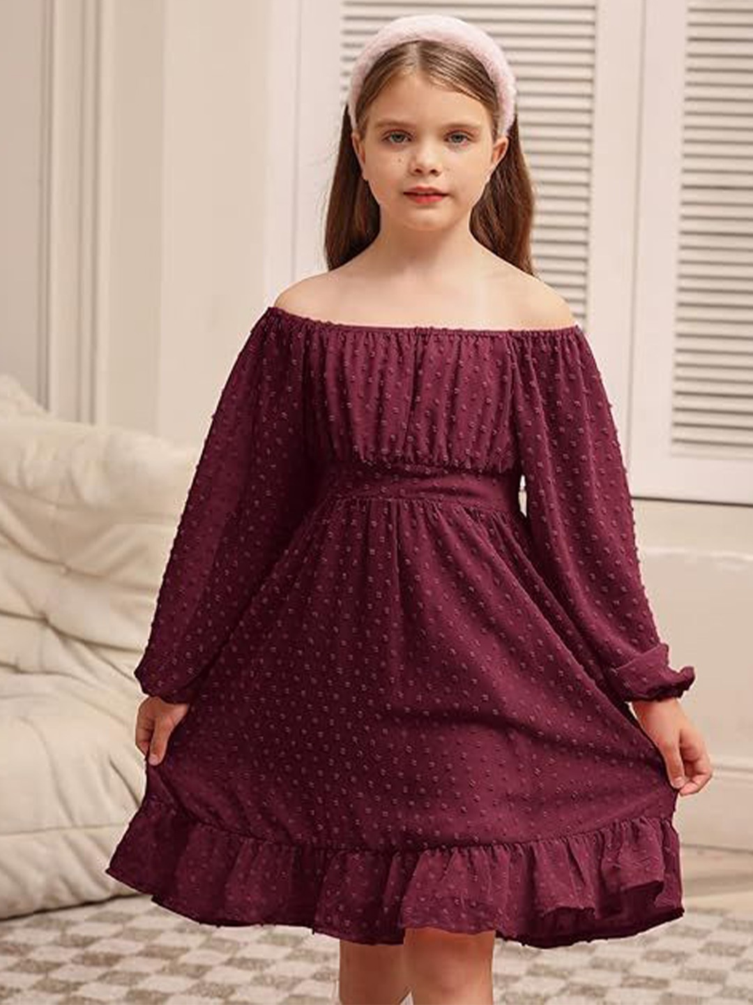 

R Cube Puff Sleeve Georgette Fit & Flare Midi Dress, Maroon