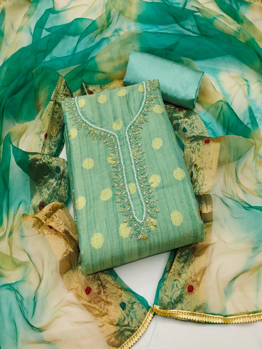 

Blissta Floral Woven Design Beads and Stones Unstitched Dress Material, Turquoise blue