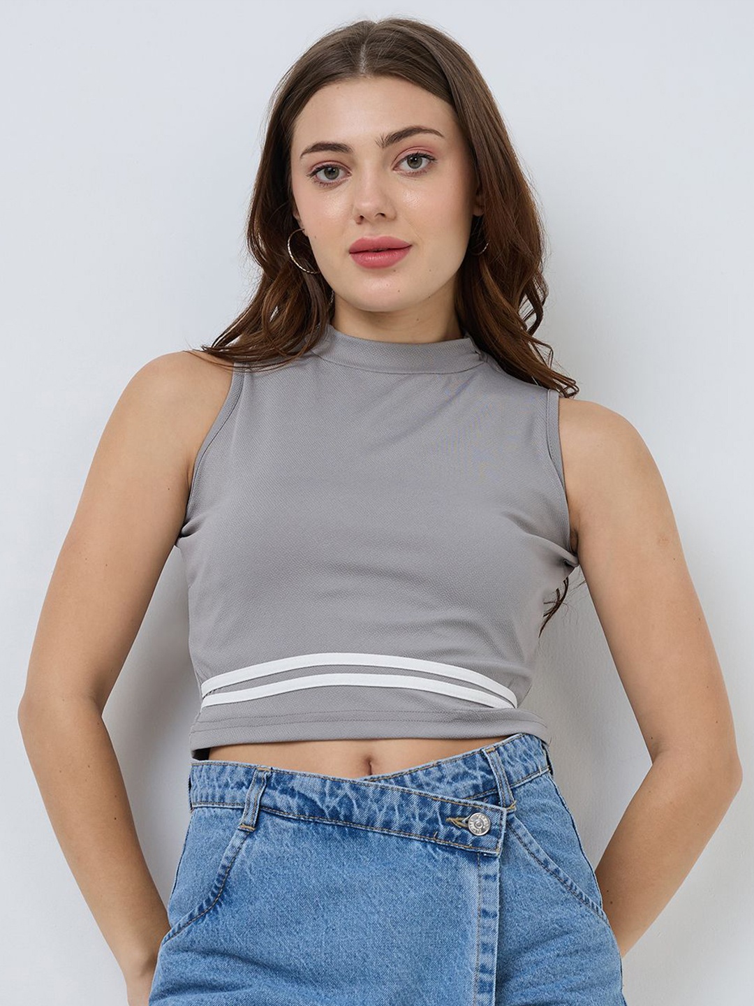 

SZN Womens High Neck Fitted Crop Top, Grey