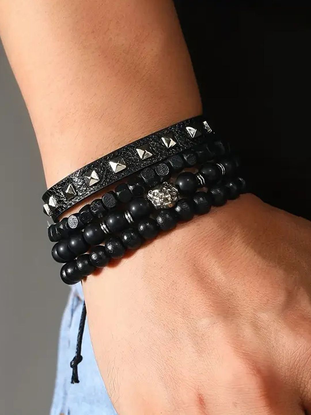 

Jewels Galaxy Men Set Of 4 Silver-Plated Artificial Beaded Lion Head Multistrand Bracelet, Black