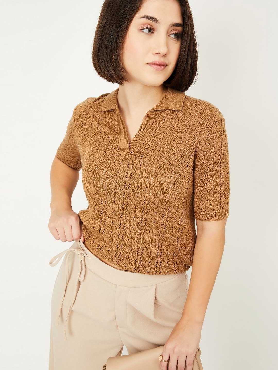 

max Women Self Design Round Neck Cotton T-shirt, Brown