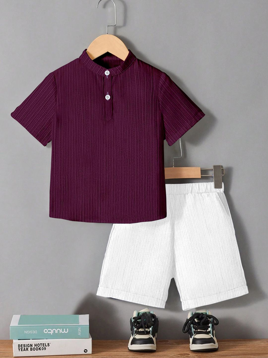 

YK Boys Mandarin Collar T-shirt With Shorts Clothing Set, Purple