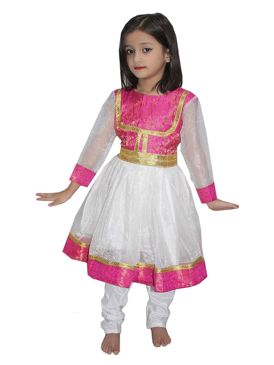 

Kaku Fancy Dresses Girls Gotta Patti Long Sleeves Anarkali Kurta With Trousers, White