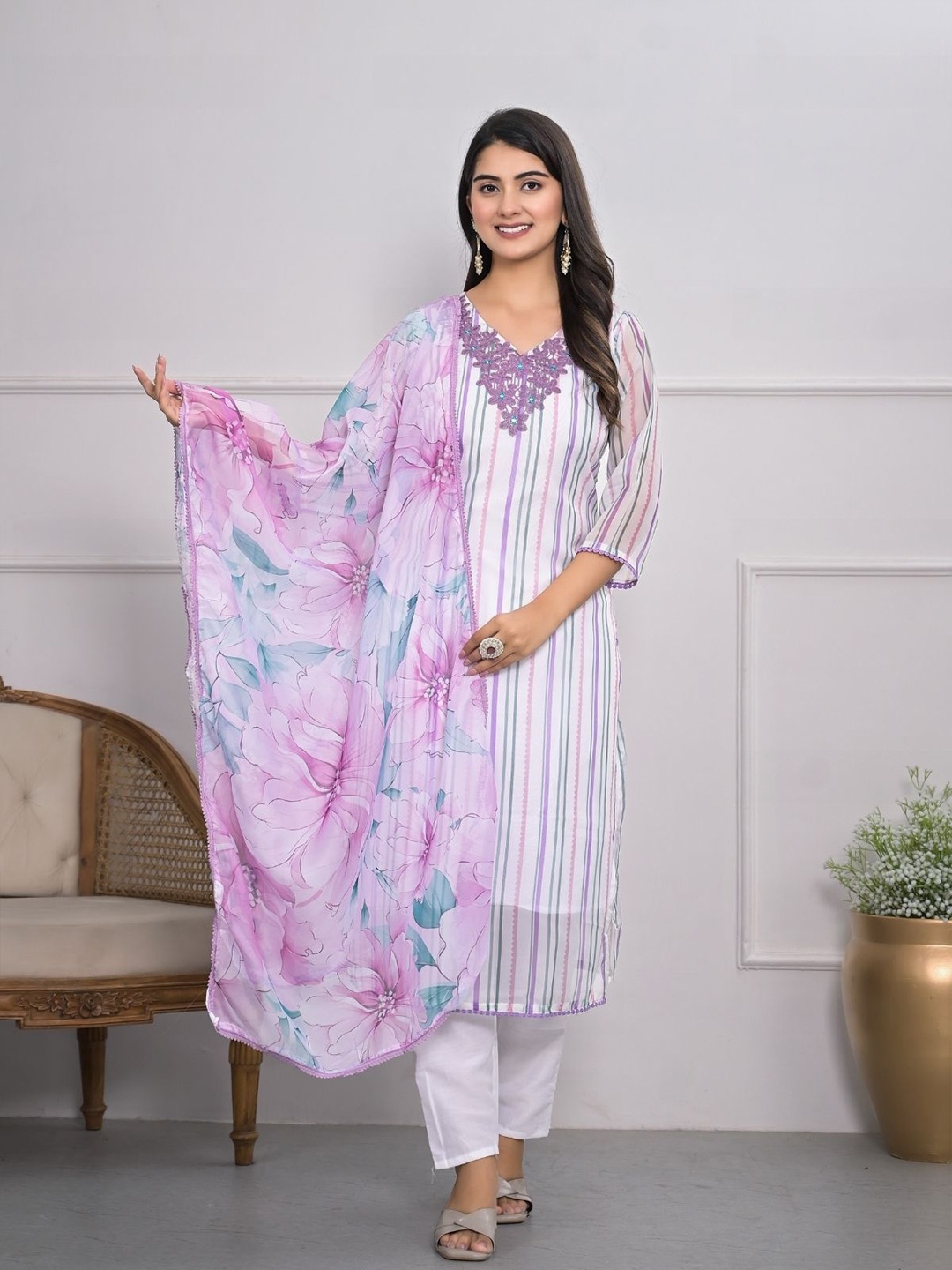 

Odette Striped Printed Mirror Work Straight Kurta with Trouser and Dupatta, Off white