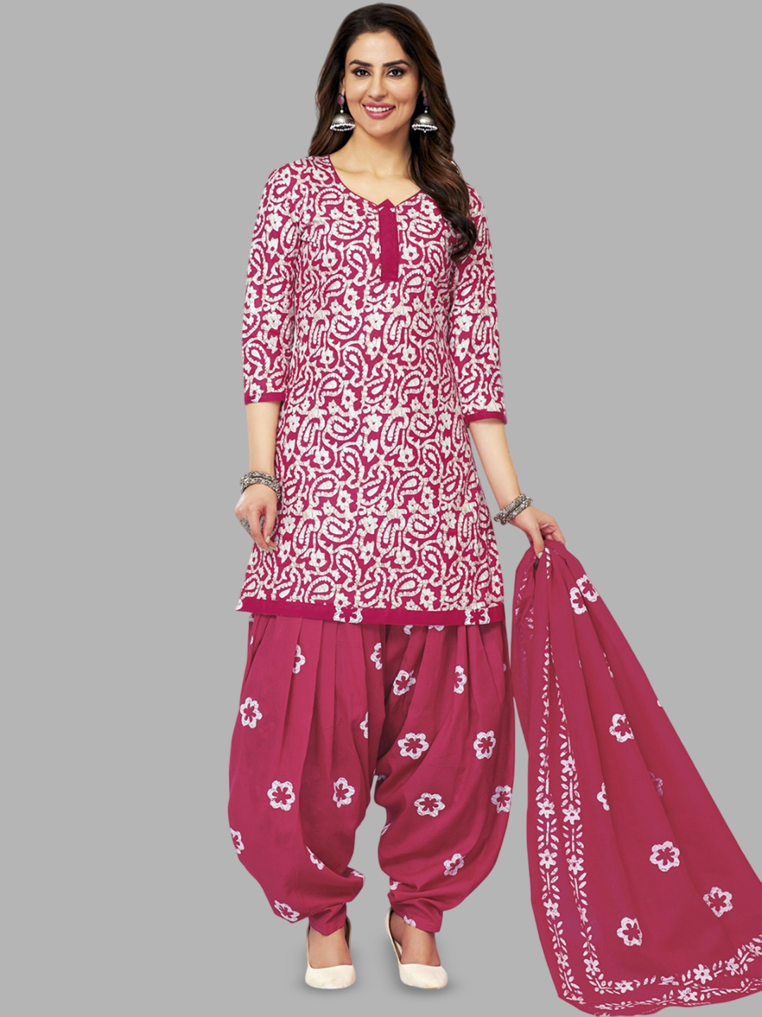 

shree jeenmata collection Printed Pure Cotton Unstitched Dress Material, Pink