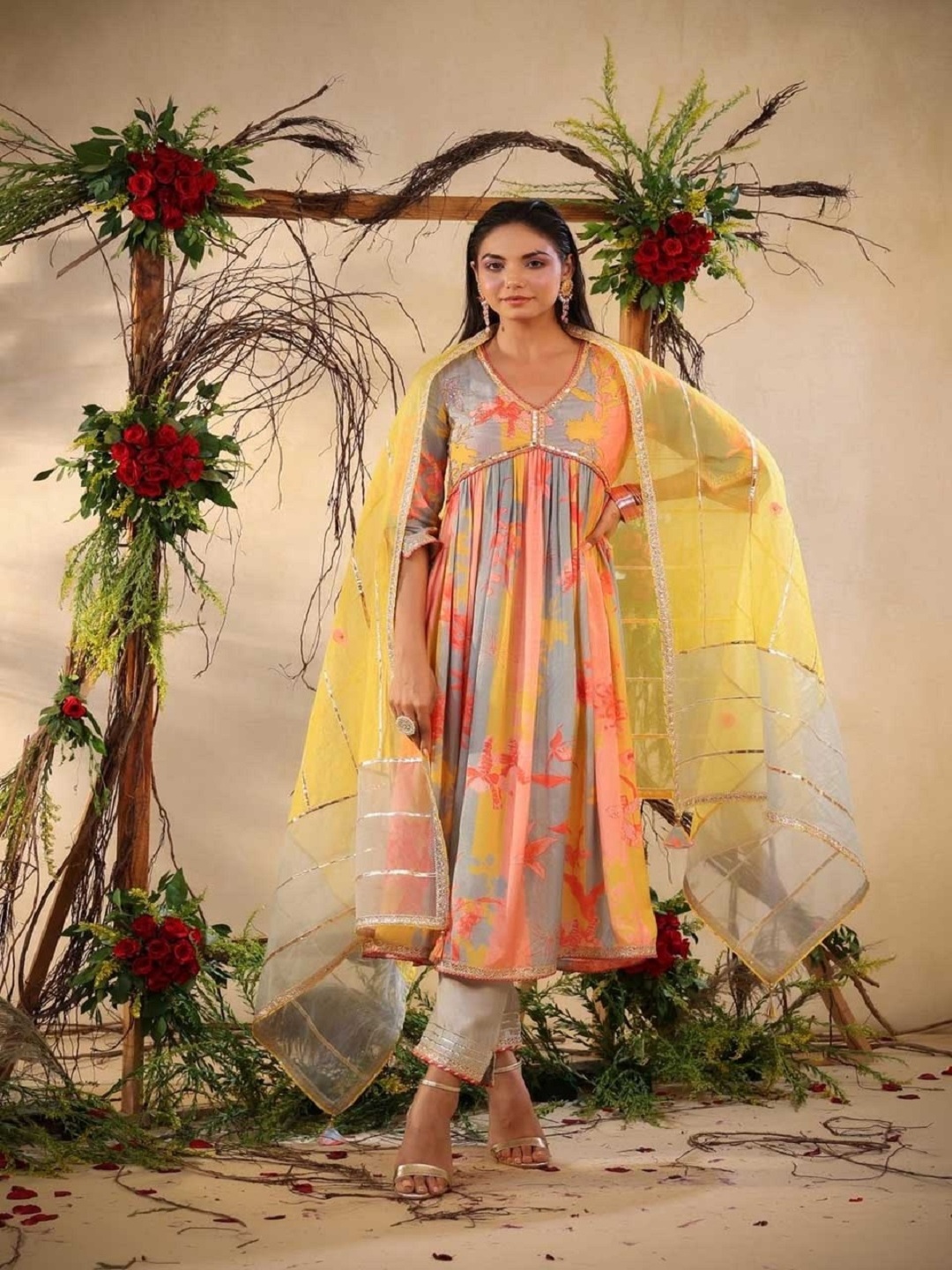 

KALINI Floral Printed V-Neck Empire A-Line Kurta With Trousers & Dupatta, Yellow