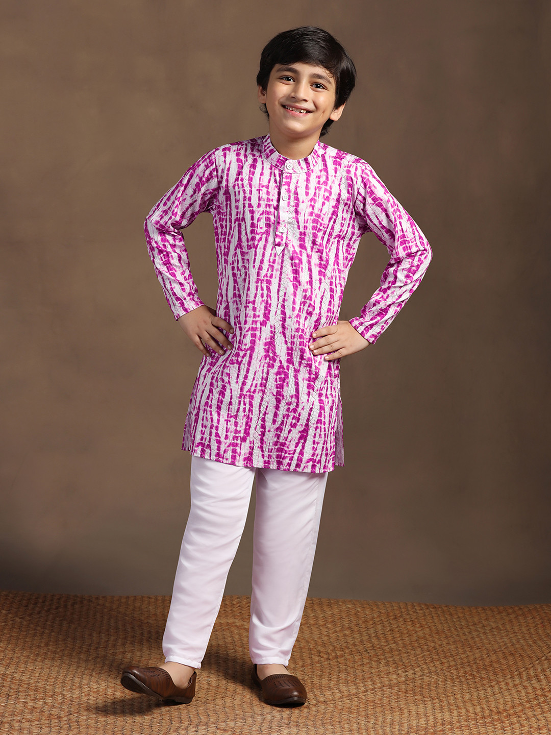 

Sangria Pink & White Boys Striped Embroidered Band Collar Straight Kurta With Trouser, Purple