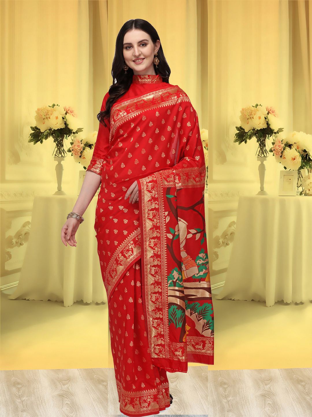 

DIVASTRI Woven Design Zari Silk Blend Saree, Red