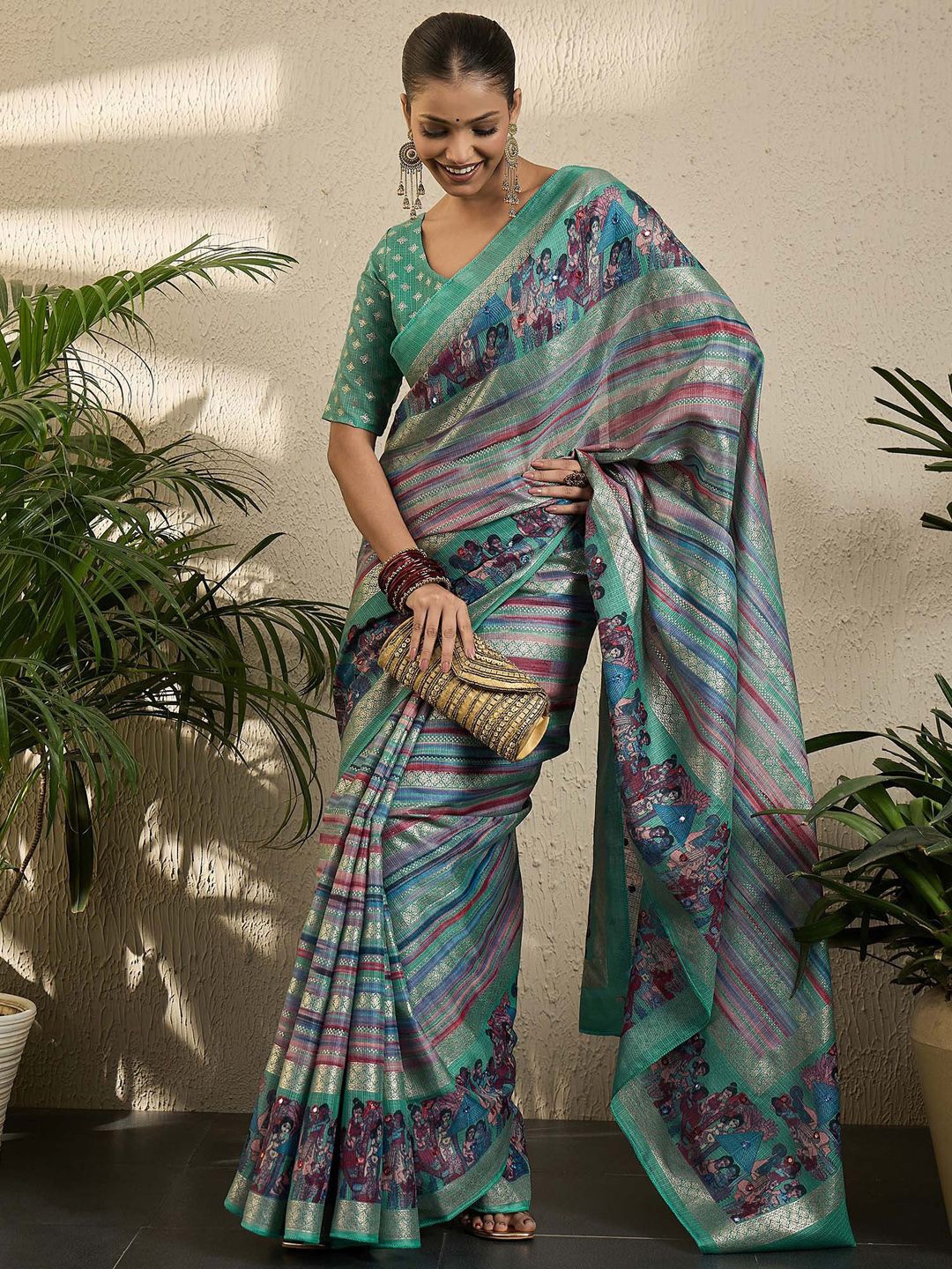 

all about you Kalamkari Mirror Work Jute Silk Designer Kota Saree, Sea green