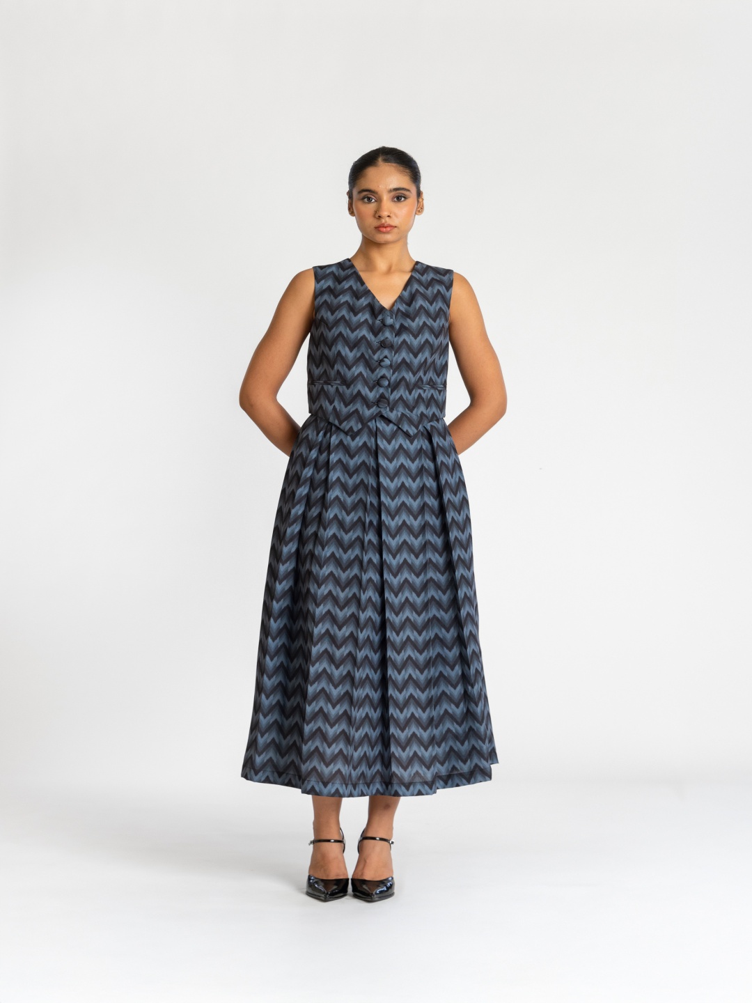 

Past Modern RAZA Chevron Printed V Neck Top With Skirt, Black