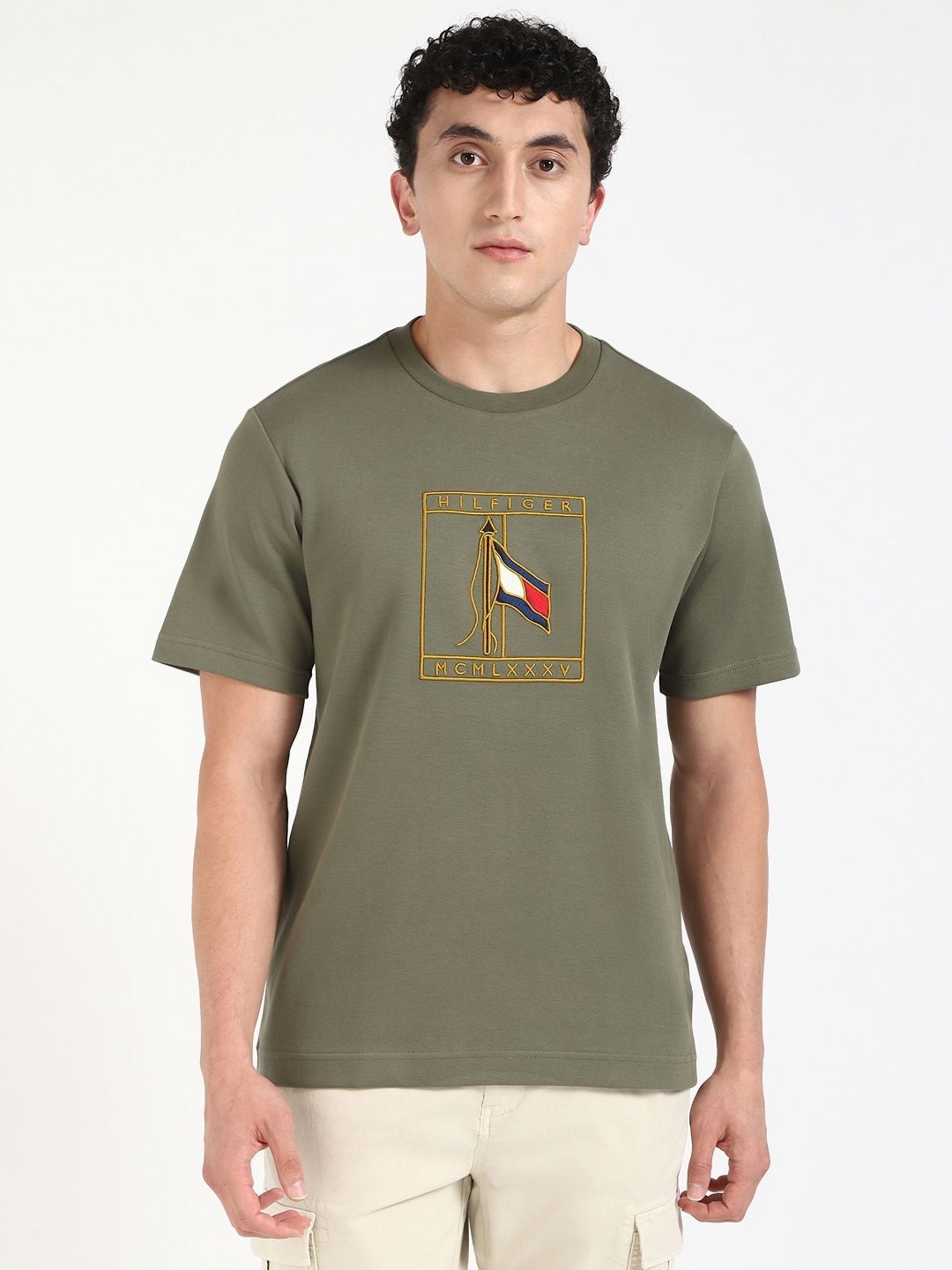 

Tommy Hilfiger Men Graphic Printed Round Neck Cotton T-shirt, Olive