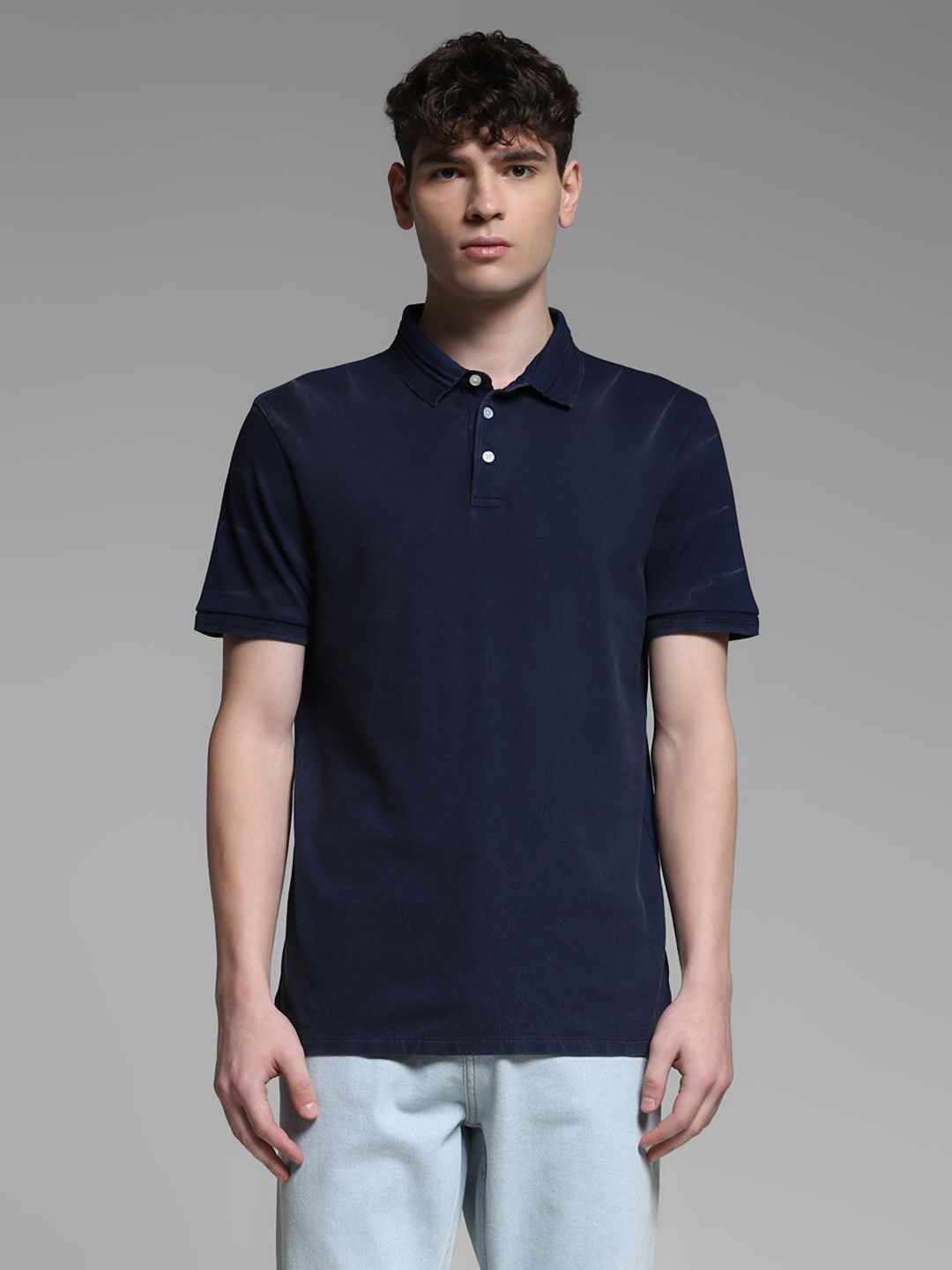 

Jack & Jones Men Solid Polo Collar Cotton T-shirt, Navy blue