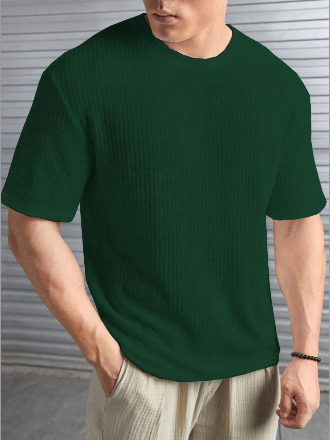 

MERRIMENT Men Self Design Round Neck T-shirt, Green