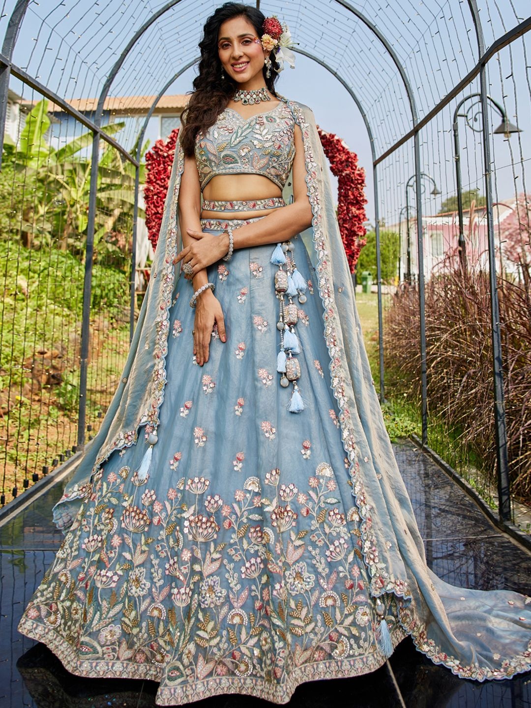 

panchhi Embroidered Sequinned Semi-Stitched Lehenga & Unstitched Blouse With Dupatta, Blue