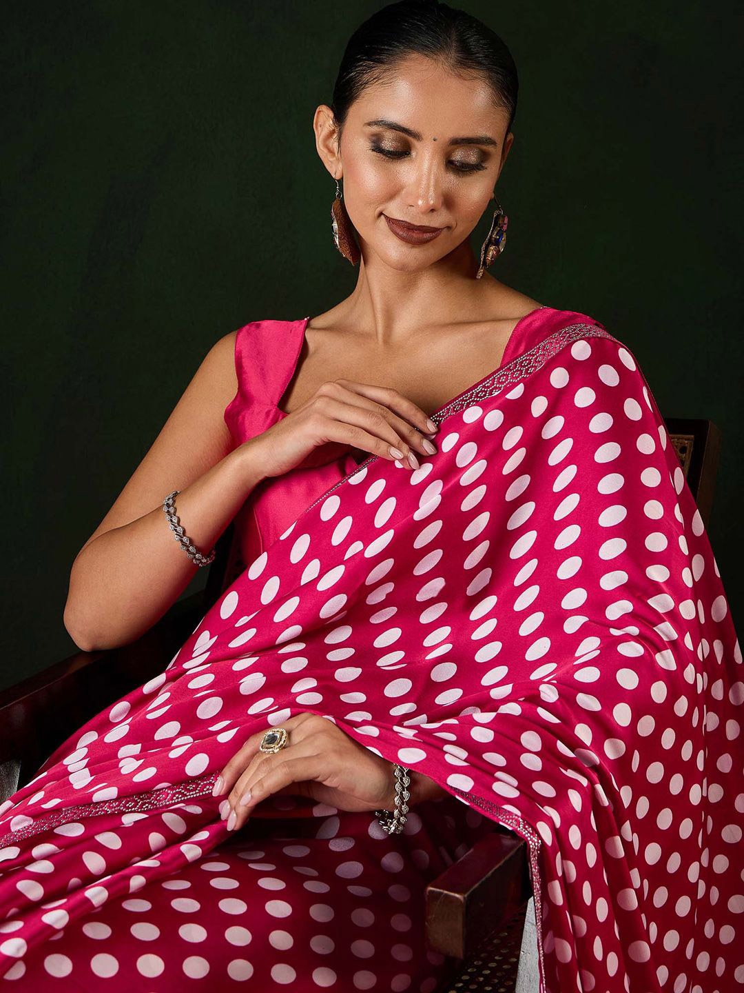 

Sangria Polka Dots Printed Beads and Stones Saree, Pink