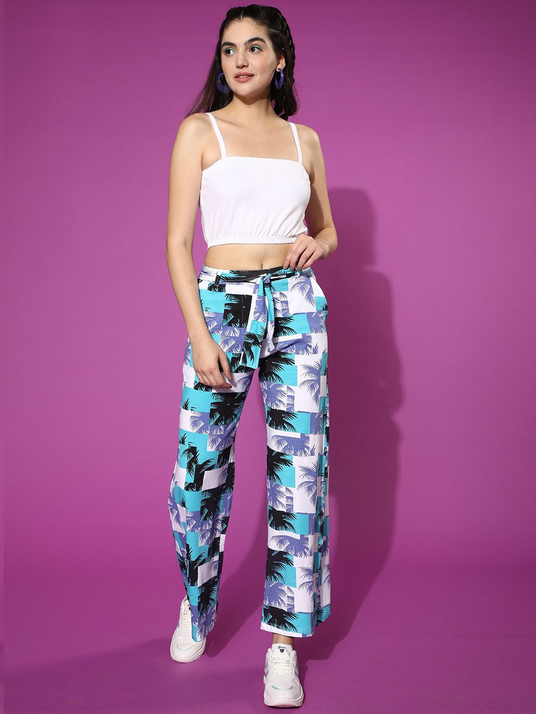 

JUNEBERRY White Strappy Crop Top With Floral Printed Palazzo Co-Ords Set