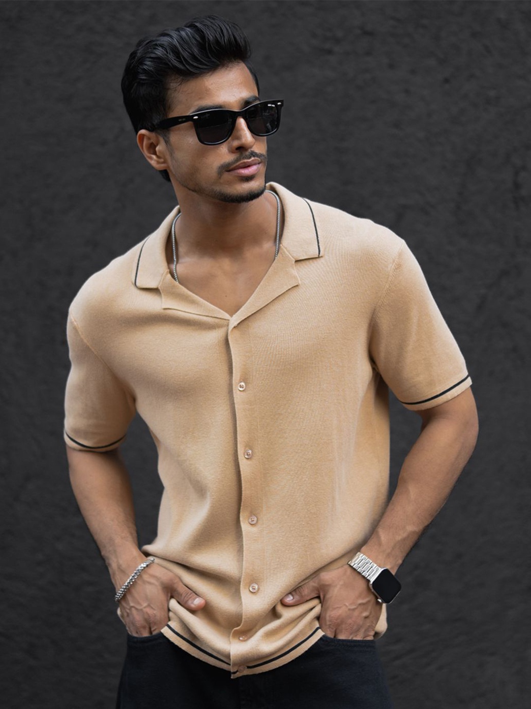 

Powerlook Men Regular Fit Cuban Collar Solid Cotton Casual Shirt, Beige