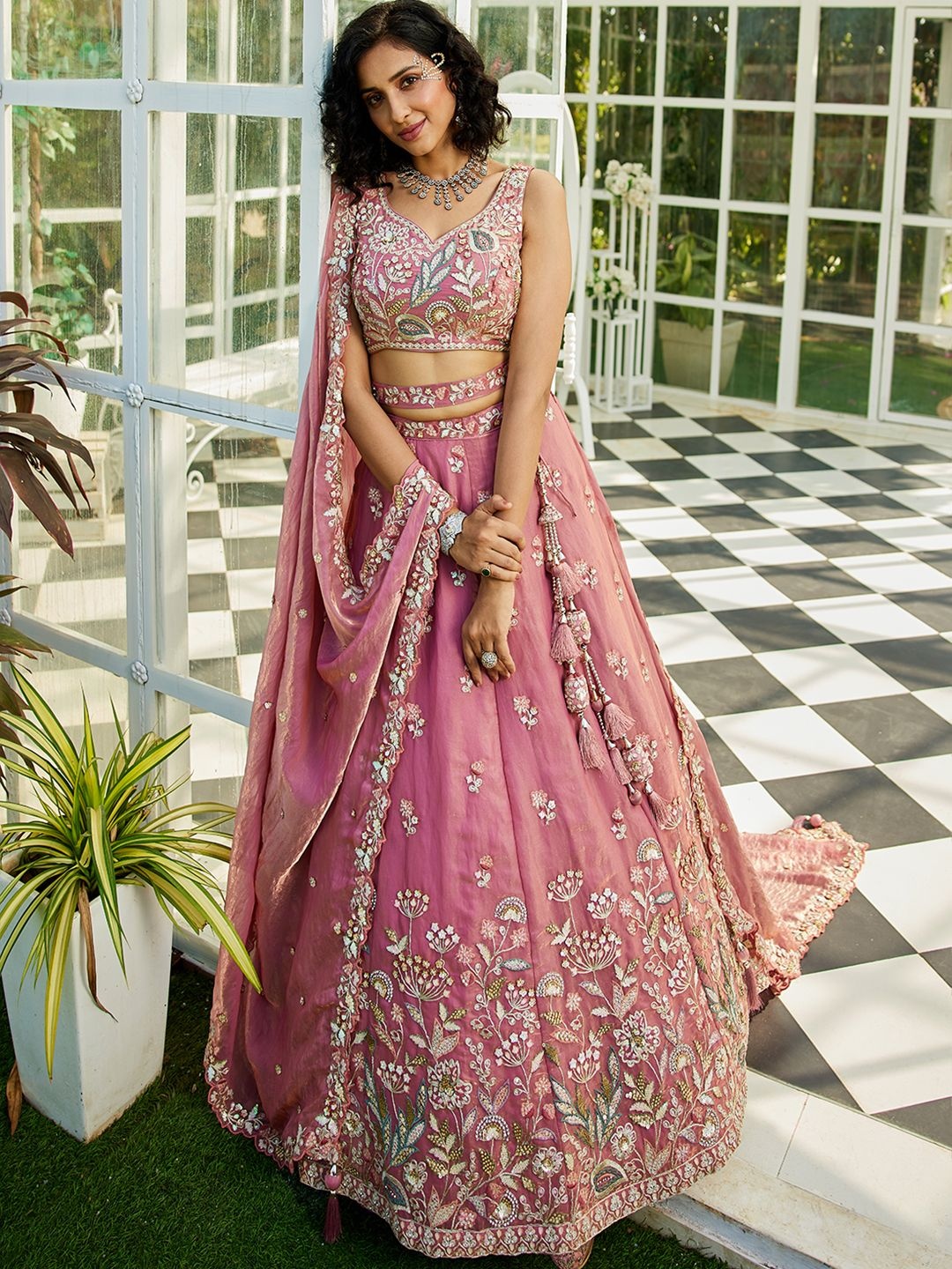 

panchhi Embroidered Sequinned Semi-Stitched Lehenga & Unstitched Blouse With Dupatta, Pink