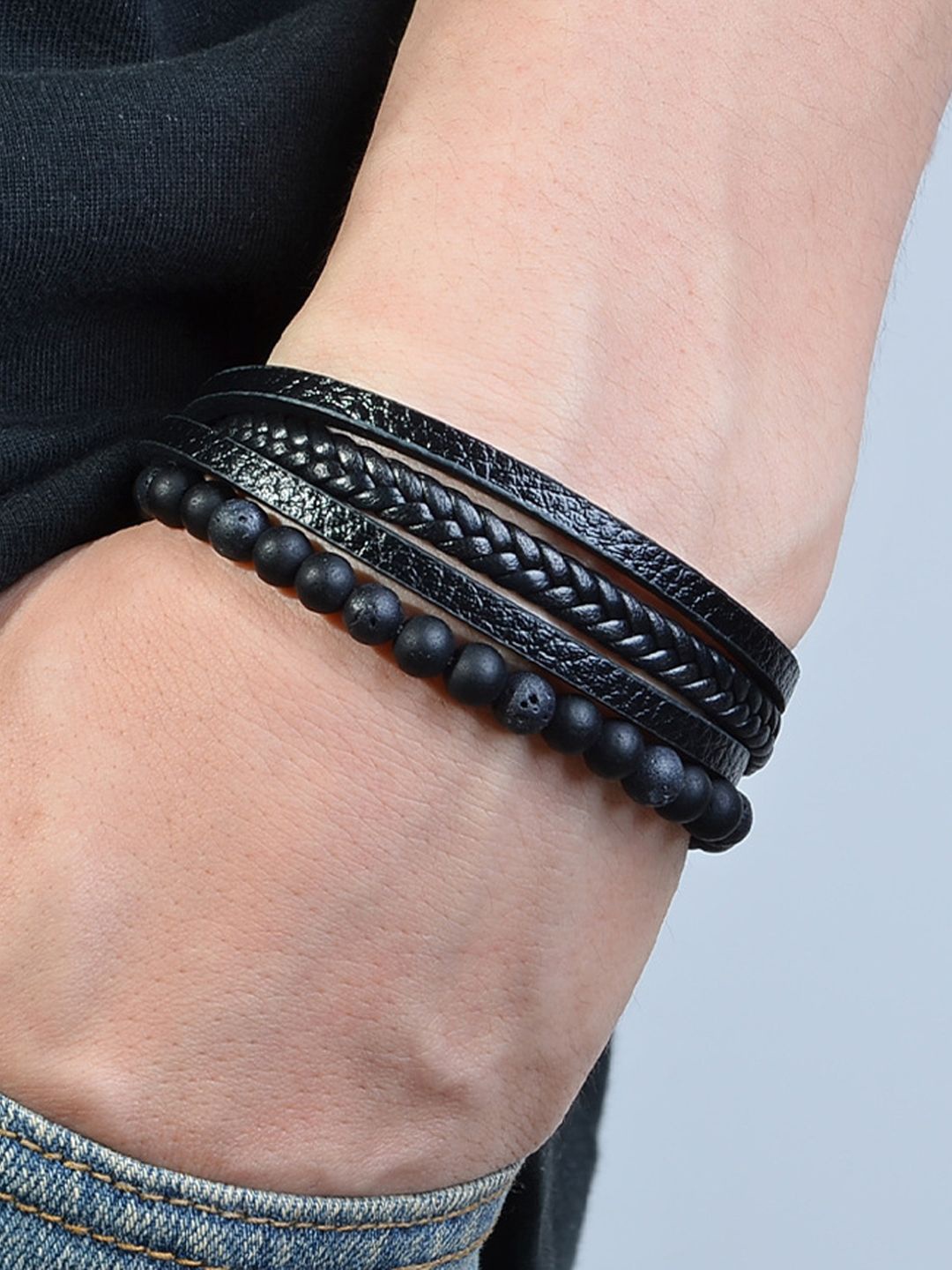 

Jewels Galaxy Men Leather Silver-Plated Artificial Beaded Layered Wraparound Bracelet, Black