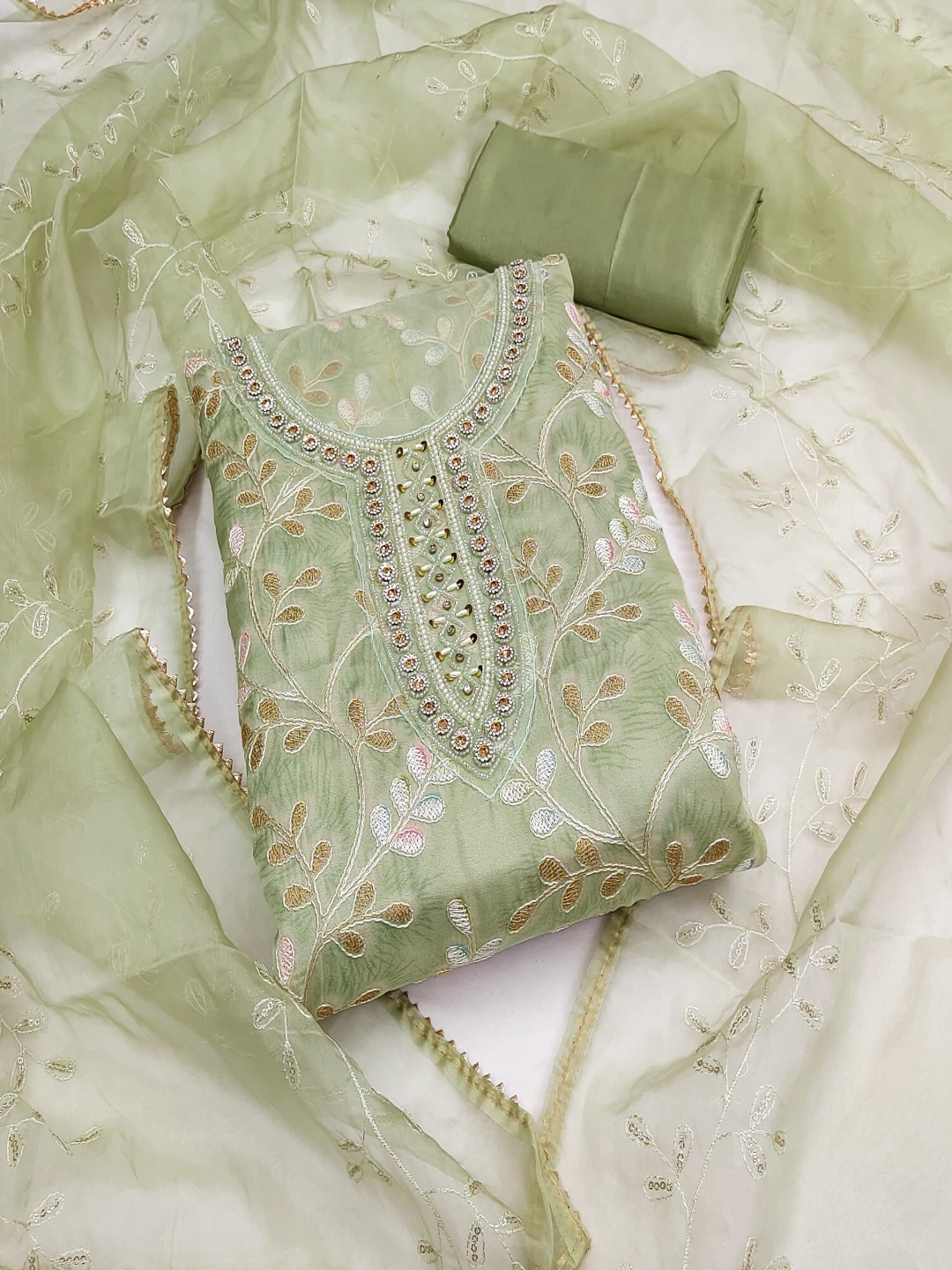 

Blissta Floral Embroidered Beads and Stones Organza Unstitched Dress Material, Green