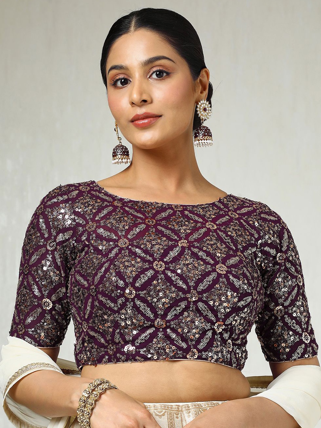 

Soch Embellished Round Neck Padded Saree Blouse, Purple