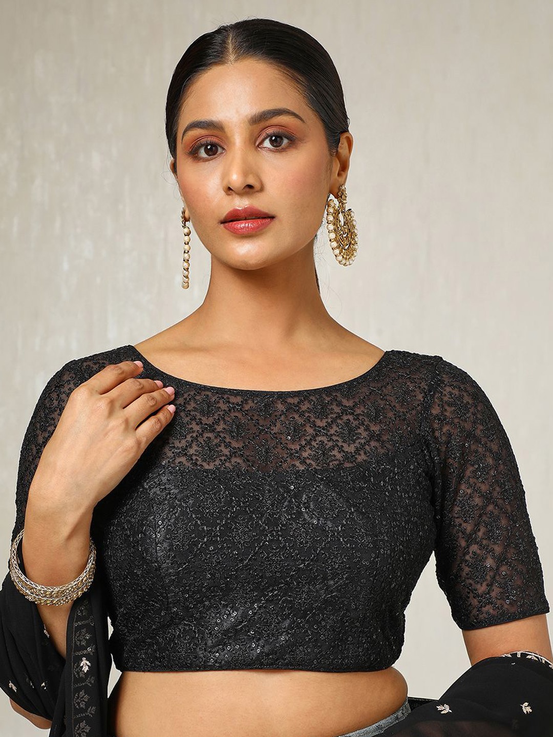 

Soch Women Embroidered Round Neck Padded Saree Blouse With Sequins, Black