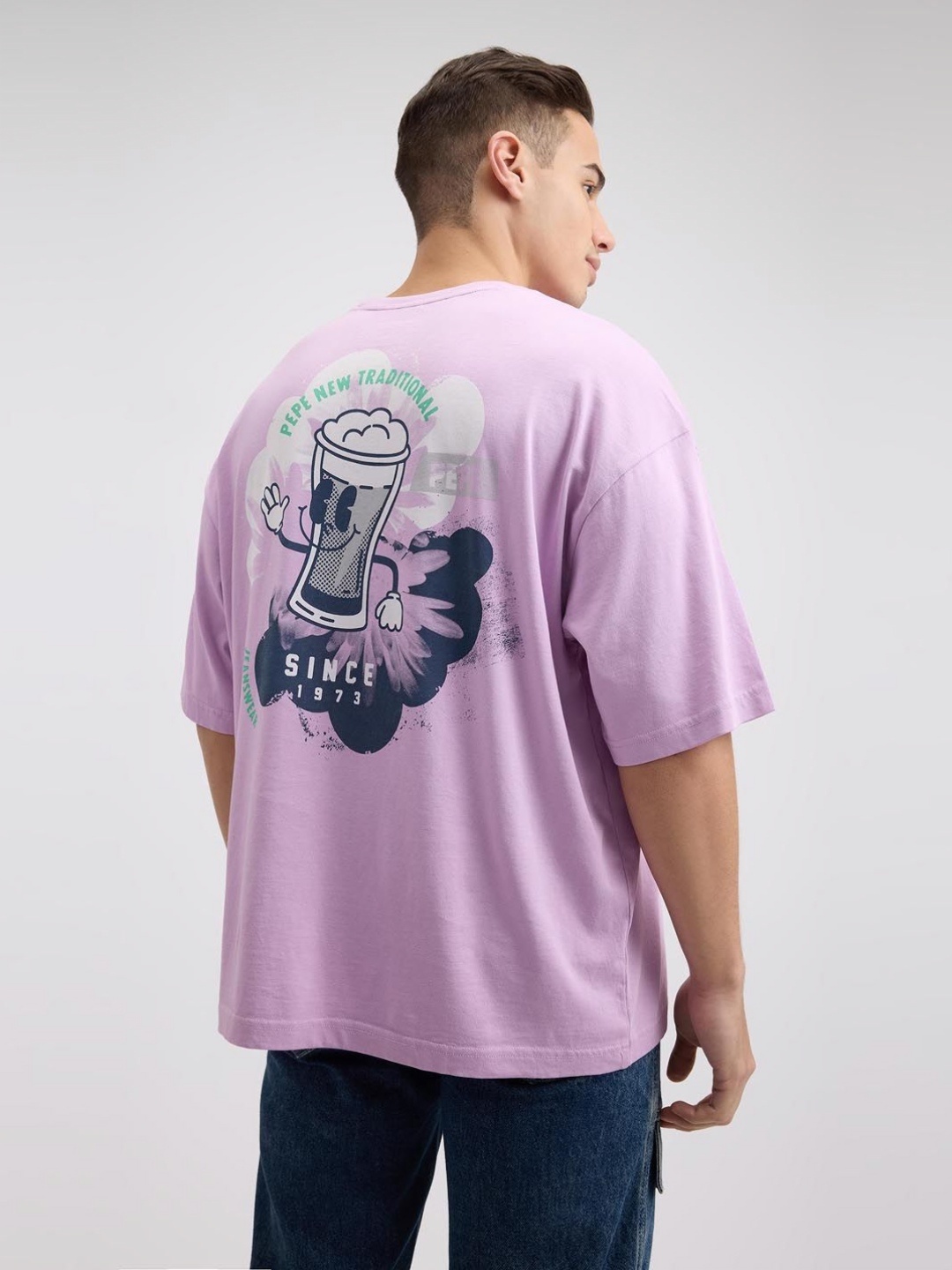 

Pepe Jeans Men Graphic Printed Round Neck Cotton Oversized T-shirt, Lavender