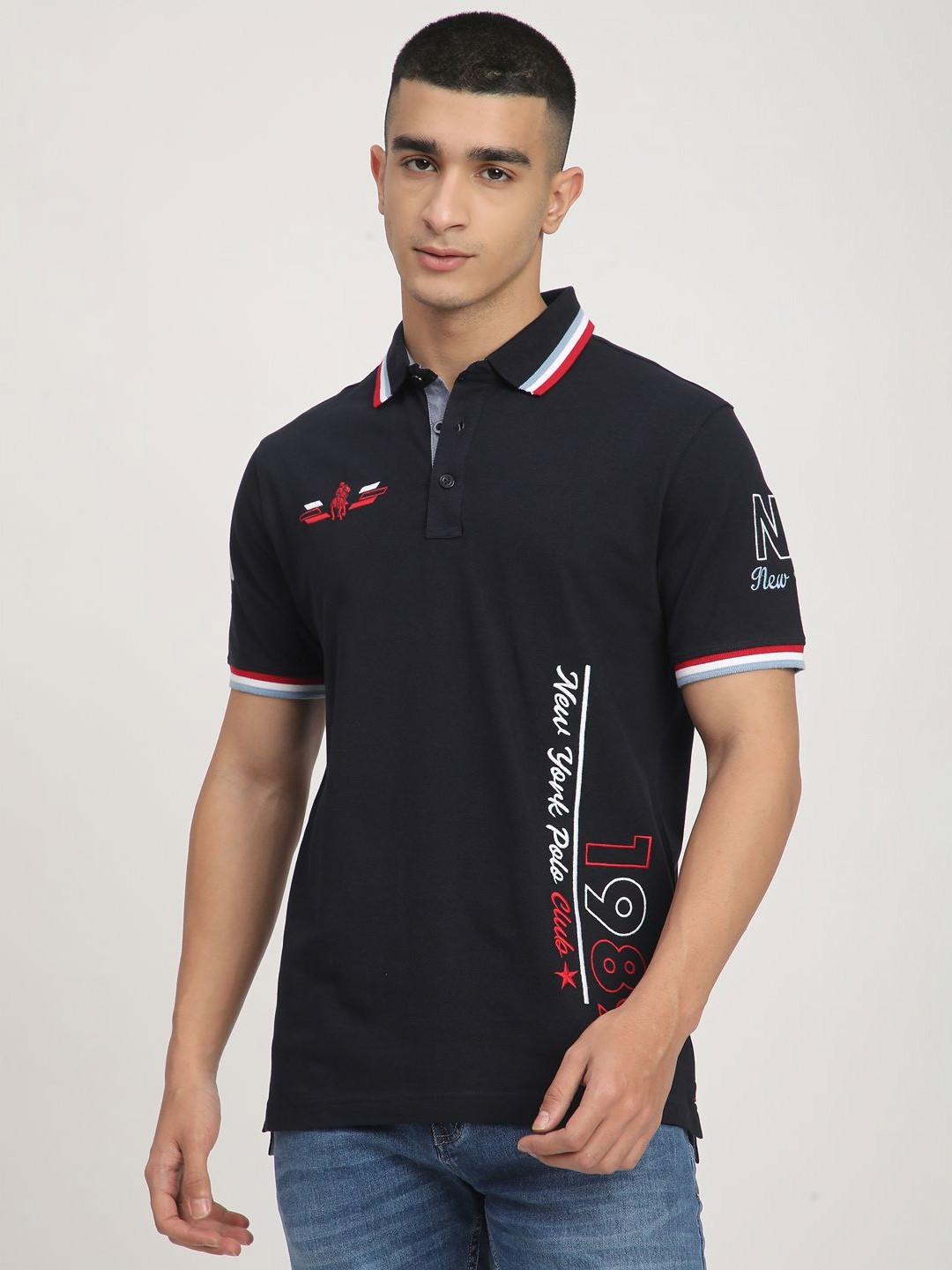 

R&B Men Typography Printed Polo Collar Cotton T-shirt, Black