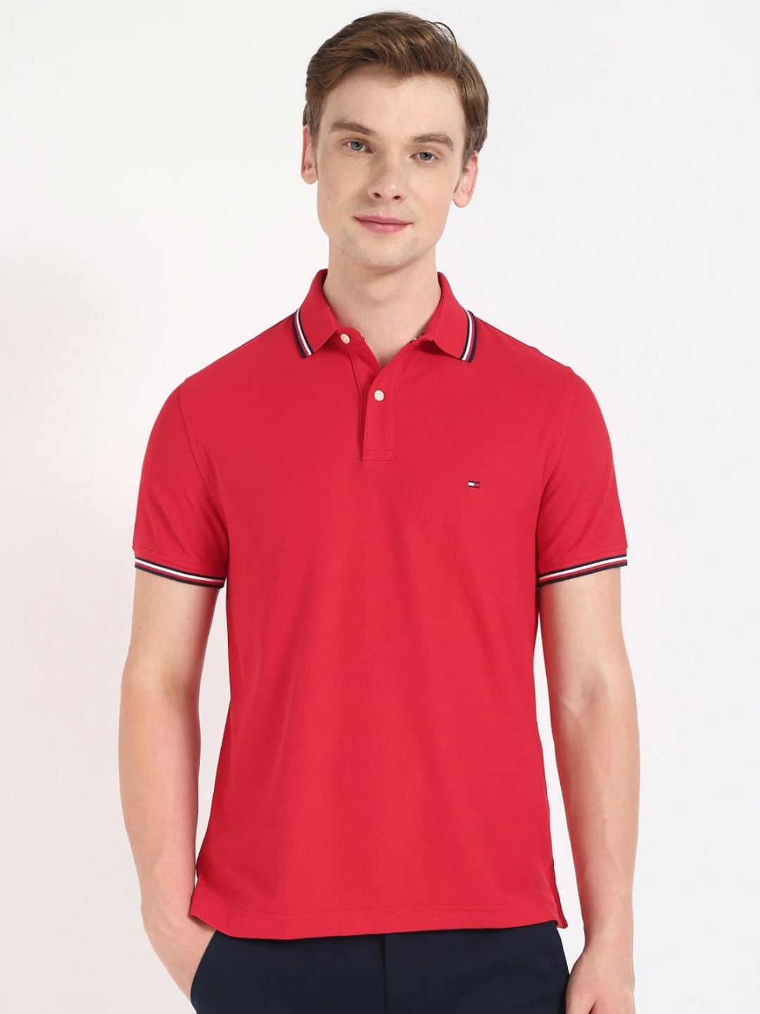 

Tommy Hilfiger Men Solid Polo Collar Cotton T-shirt, Red