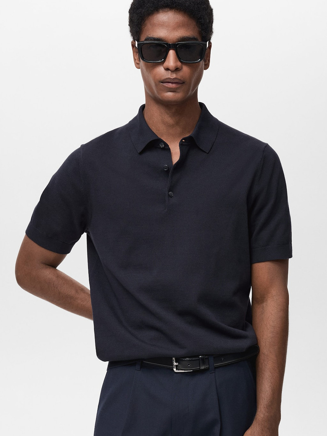 

MANGO MAN Polo Collar Pure Cotton Knitted T-shirt, Navy blue