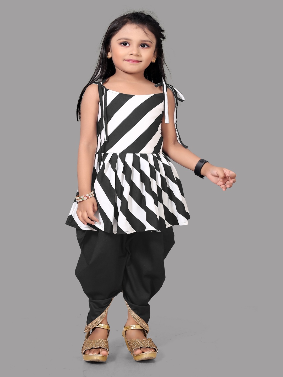 

Aarya Designer Girls Striped Pleated Kurti With Dhoti Pants, Black