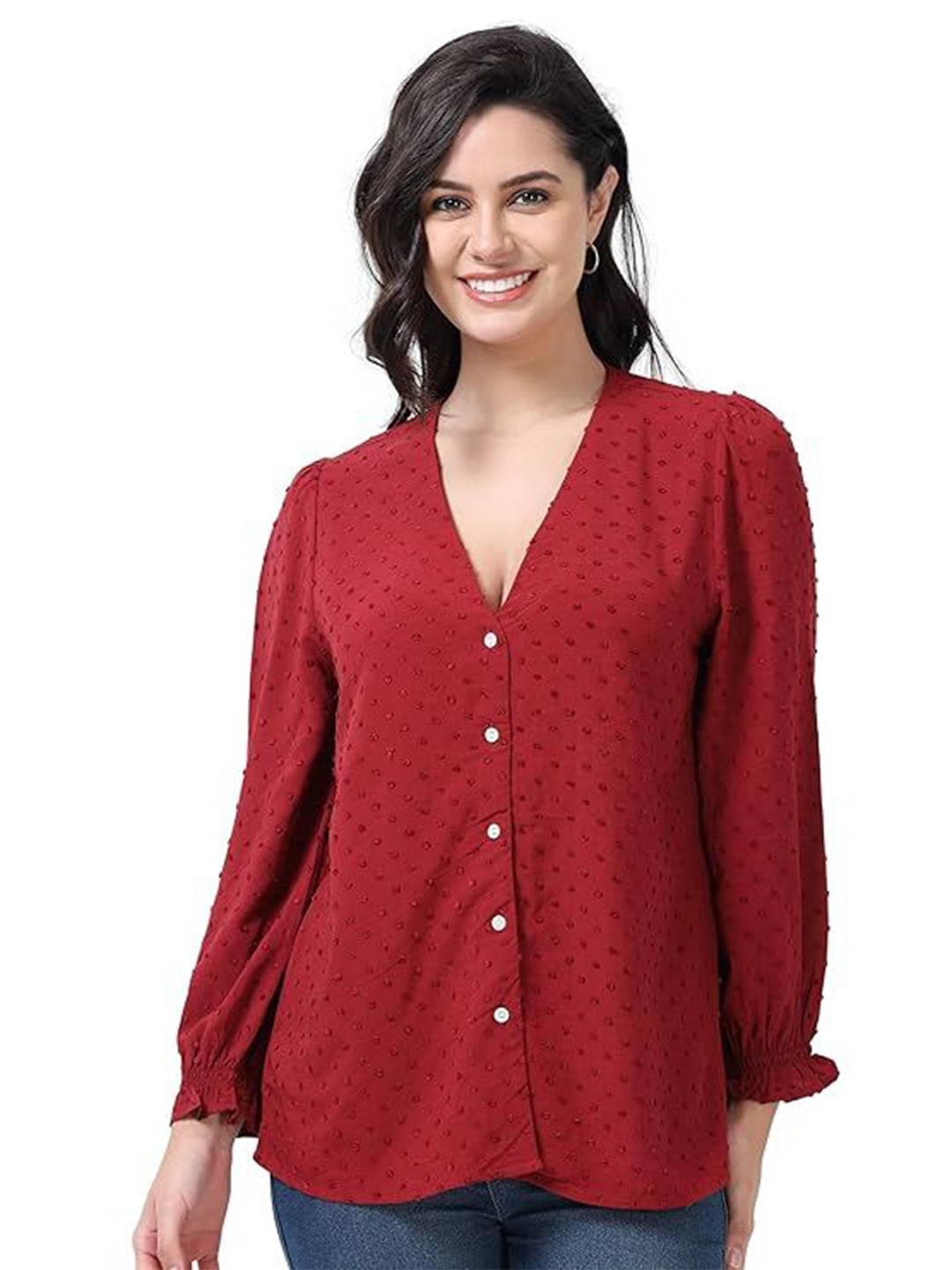 

GLAM & CHIQUE Embroidered Puff Sleeve Top, Red