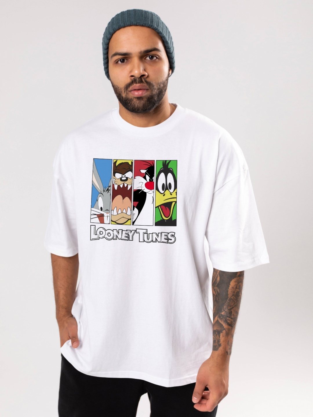 

FLYIND VOGUE OUTFIT Men Looney Tunes Bio Finish Graphic Printed Cotton Oversized T-shirt, White