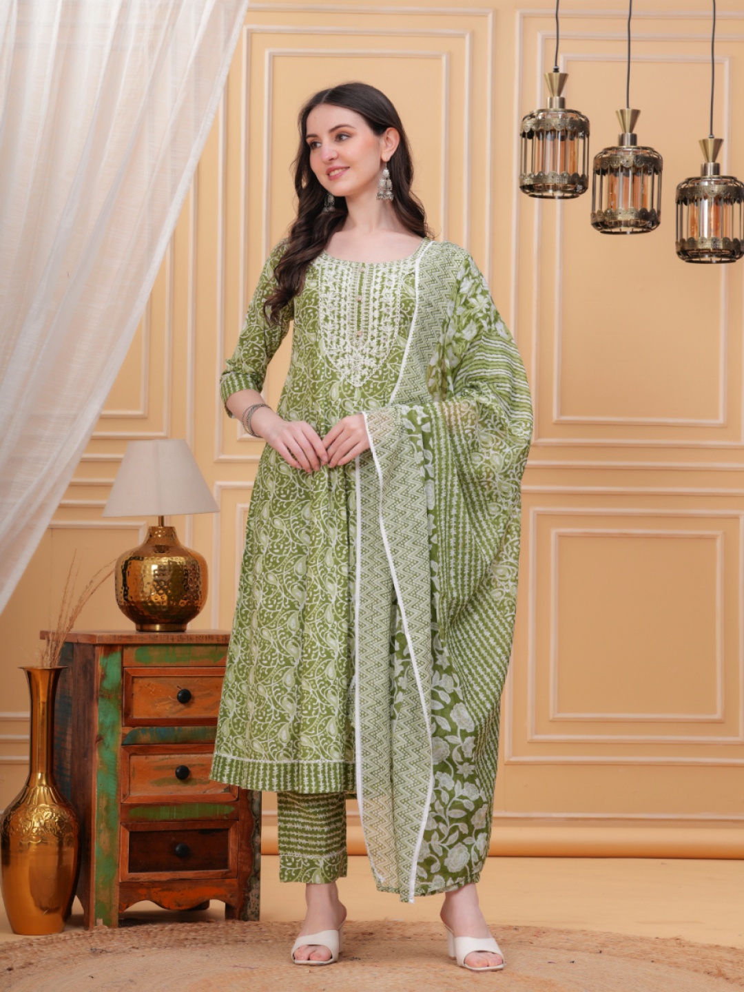 

HIGHLIGHT FASHION EXPORT Floral Printed Mirror Work Anarkali Kurta With Trousers & Dupatta, Olive