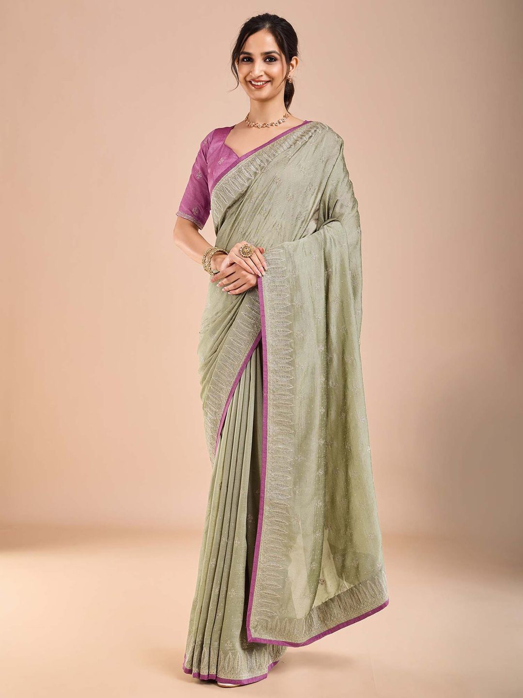 

Anouk Floral Embroidered Beads and Stones Saree, Sea green